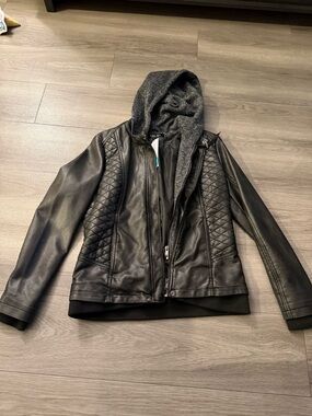 Women’s Black Quilted Faux Leather Jacket with Removable Hood